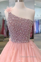 Gorgeous One Shoulder Beaded Pink Long Prom Dress, Fluffy Pink Prom Dresses, Beaded Ball Gowns