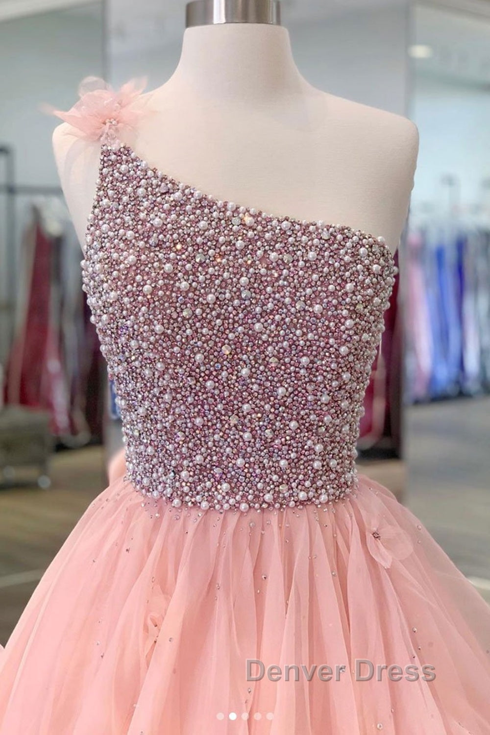 Gorgeous One Shoulder Beaded Pink Long Prom Dress, Fluffy Pink Prom Dresses, Beaded Ball Gowns