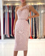 Gorgeous One Shoulder Lace Sheath Prom Dress Online With Crystal