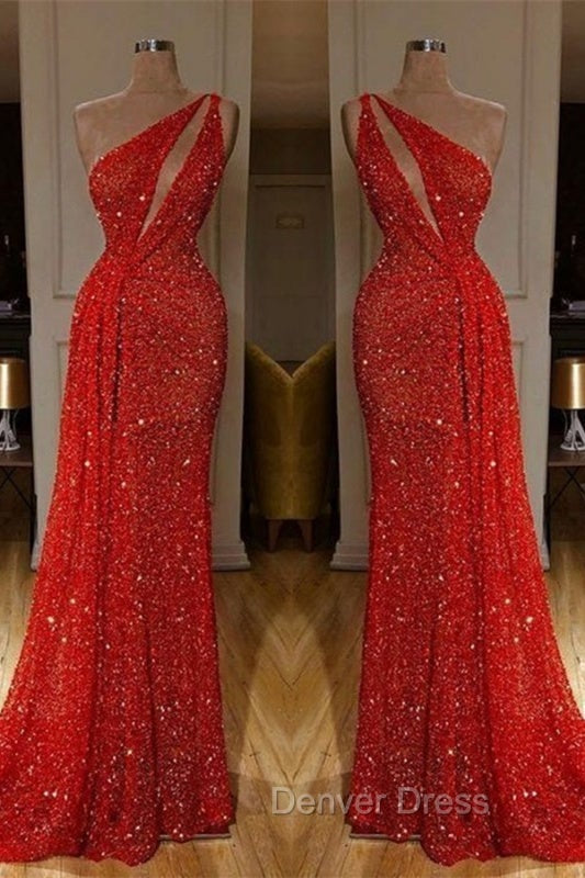 Gorgeous One Shoulder Red Sequins Long Prom Dresses Secondary image