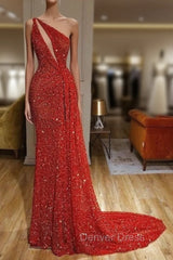 Gorgeous One Shoulder Red Sequins Long Prom Dresses