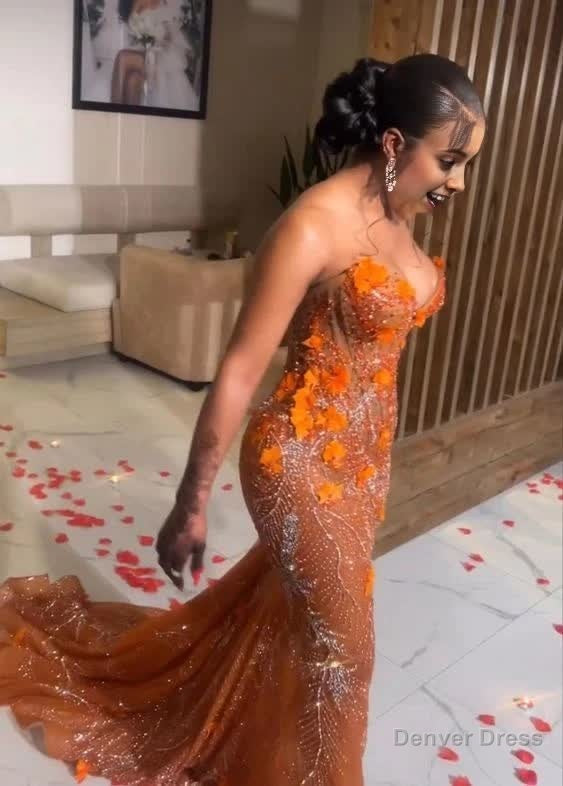Gorgeous Orange Beaded Applique Mermaid Prom Dress Long Prom Dresses