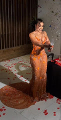Wunderschönes orange -Perlen -Applique Meerjungfrau Abendkleid lang Abschlussballkleid