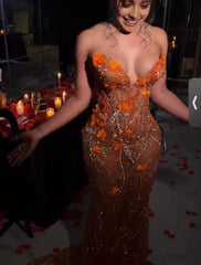 Underbar orange pärlor Applique sjöjungfru aftonklänning lång promenad klänning