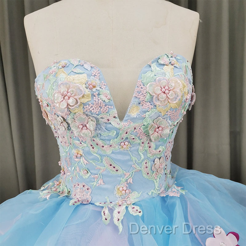Gorgeous Organza Flowers Blue Sweet 16 Gowns, Handmade Prom Dresses