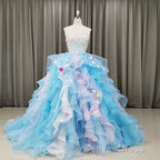 Gorgeous Organza Flowers Blue Sweet 16 Gowns, Handmade Prom Dresses