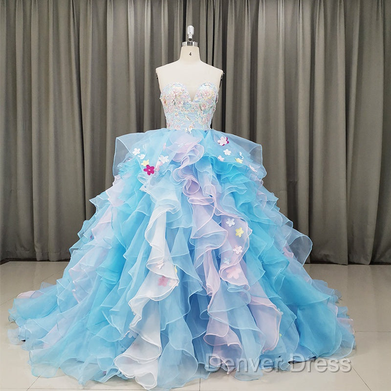 Gorgeous Organza Flowers Blue Sweet 16 Gowns, Handmade Prom Dresses