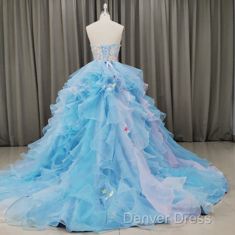 Gorgeous Organza Flowers Blue Sweet 16 Gowns, Handmade Prom Dresses
