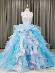 Gorgeous Organza Flowers Blue Sweet 16 Gown, Handmade Party Dress