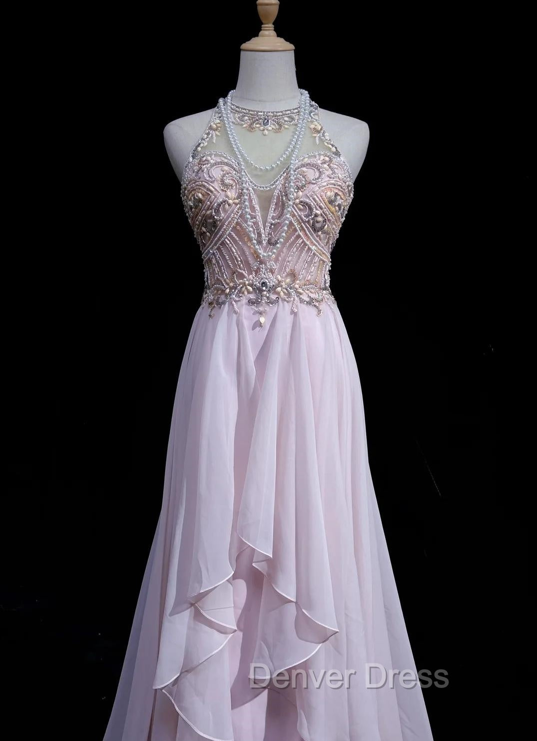 Gorgeous Pink A-Line Tulle High Neck Chiffon Long Beaded Backless Prom Dresses Retro Wedding Birthday Dresses