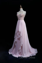Gorgeous Pink A-Line Tulle High Neck Chiffon Long Beaded Backless Prom Dresses Retro Wedding Birthday Dresses