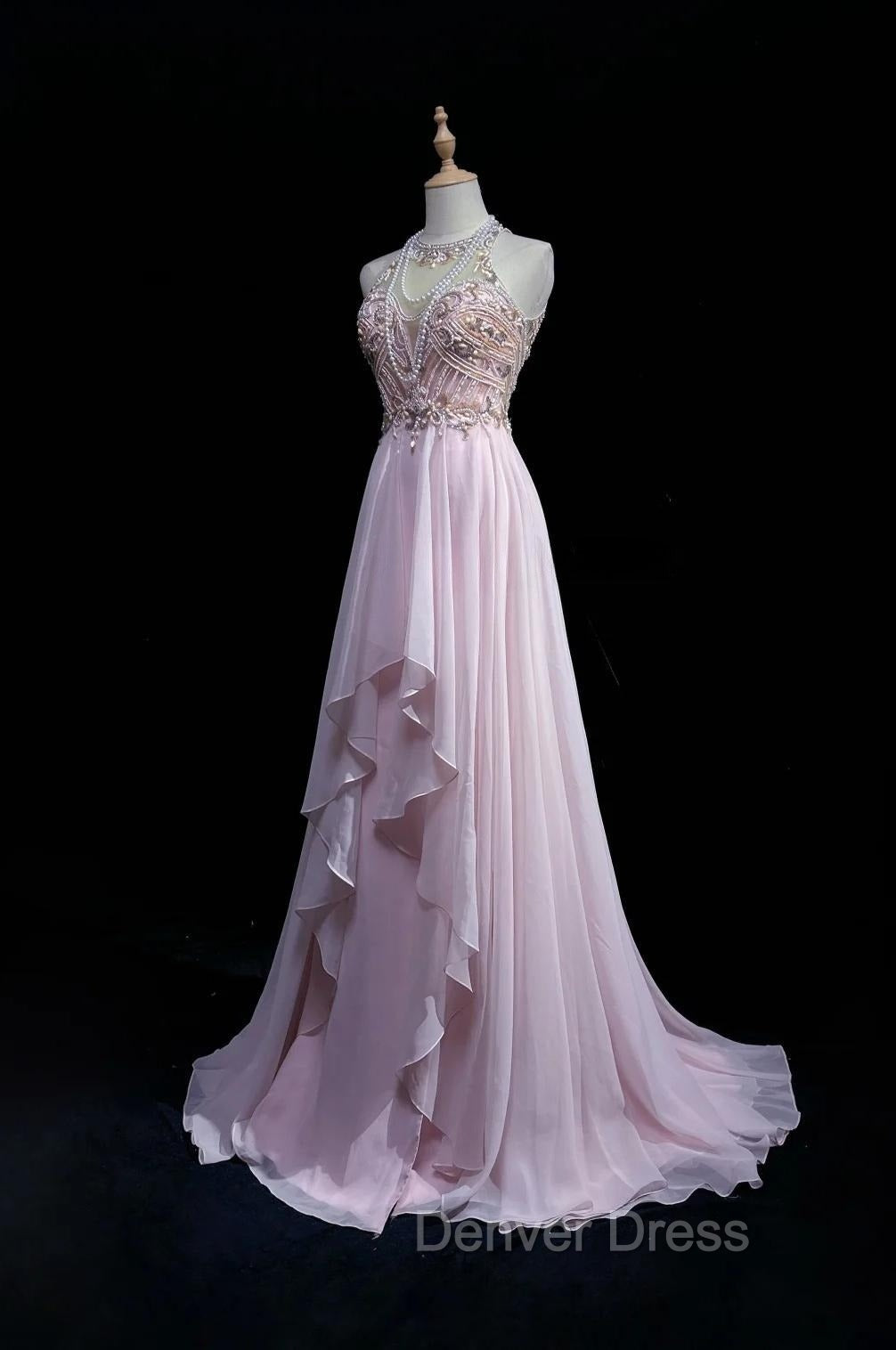 Gorgeous Pink A-Line Tulle High Neck Chiffon Long Beaded Backless Prom Dresses Retro Wedding Birthday Dresses
