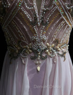 Gorgeous Pink A-Line Tulle High Neck Chiffon Long Beaded Backless Prom Dresses Retro Wedding Birthday Dresses