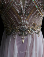Gorgeous Pink A Line Tulle High Neck Chiffon Long Beaded Backless Prom Dress Retro Wedding Birthday Dresses
