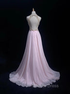 Gorgeous Pink A-Line Tulle High Neck Chiffon Long Beaded Backless Prom Dresses Retro Wedding Birthday Dresses