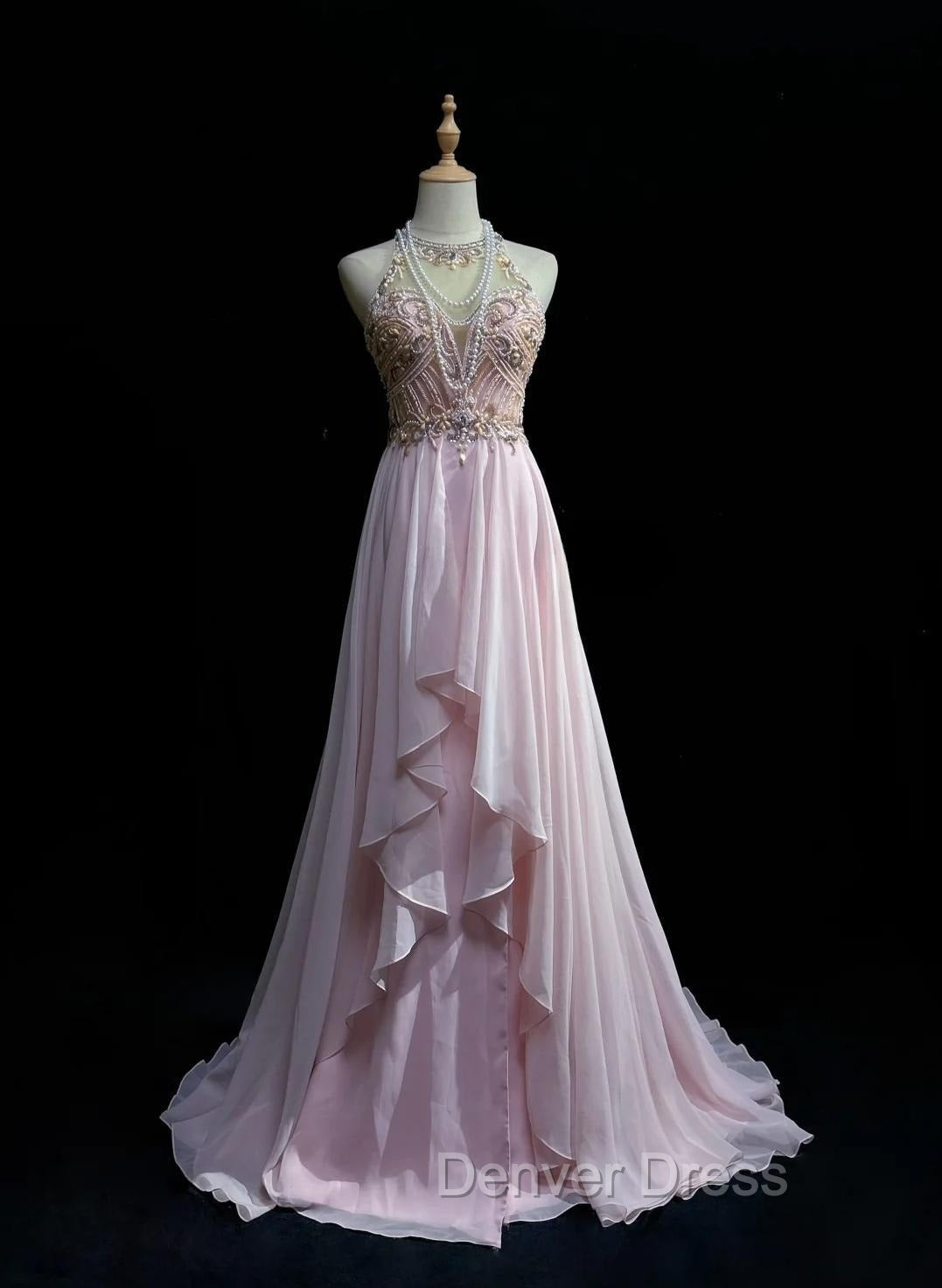 Gorgeous Pink A Line Tulle High Neck Chiffon Long Beaded Backless Prom Dress Retro Wedding Birthday Dresses