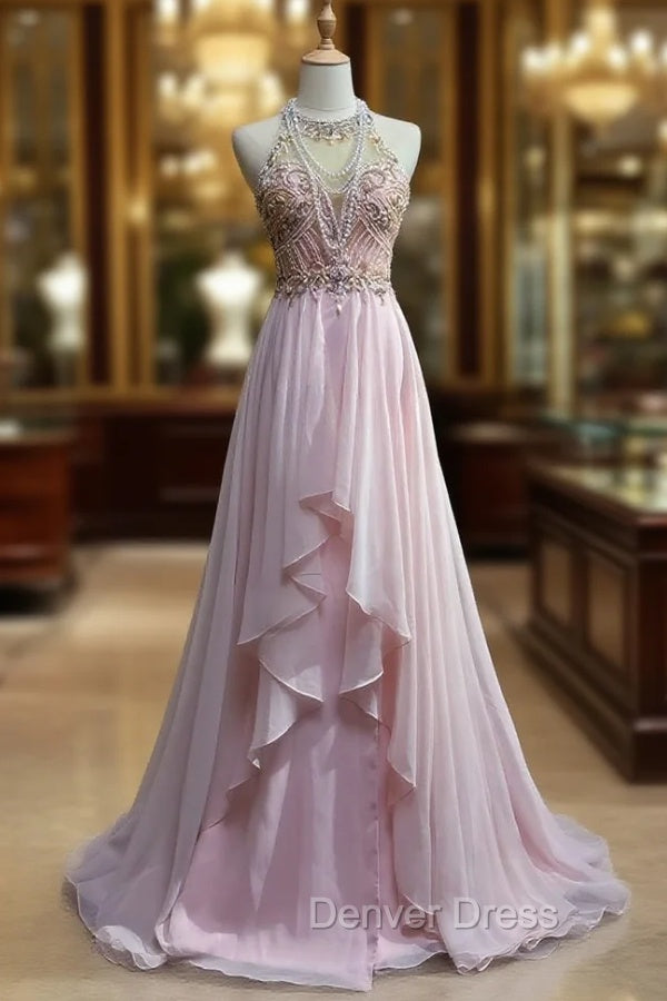 Gorgeous Pink A-Line Tulle High Neck Chiffon Long Beaded Backless Prom Dresses Retro Wedding Birthday Dresses Main image