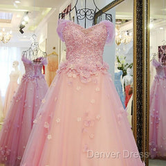 Gorgeous Pink Flowers Off Shoulder Party Dresses, Pink Formal Dresses Ball Gown Formal Dresses