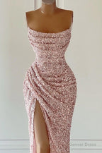 Gorgeous Pink Sequined Sleeveless Prom Dresses With Slit