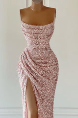 Gorgeous Pink Sequined Sleeveless Prom Dress With Slit
