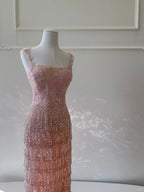 Gorgeous Pink Slim Square Neck 3D Flower Sequin Tassel Long Prom Dresses Evening Dresses