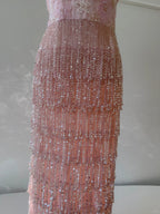 Gorgeous Pink Slim Square Neck 3D Flower Sequin Tassel Long Prom Dresses Evening Dresses