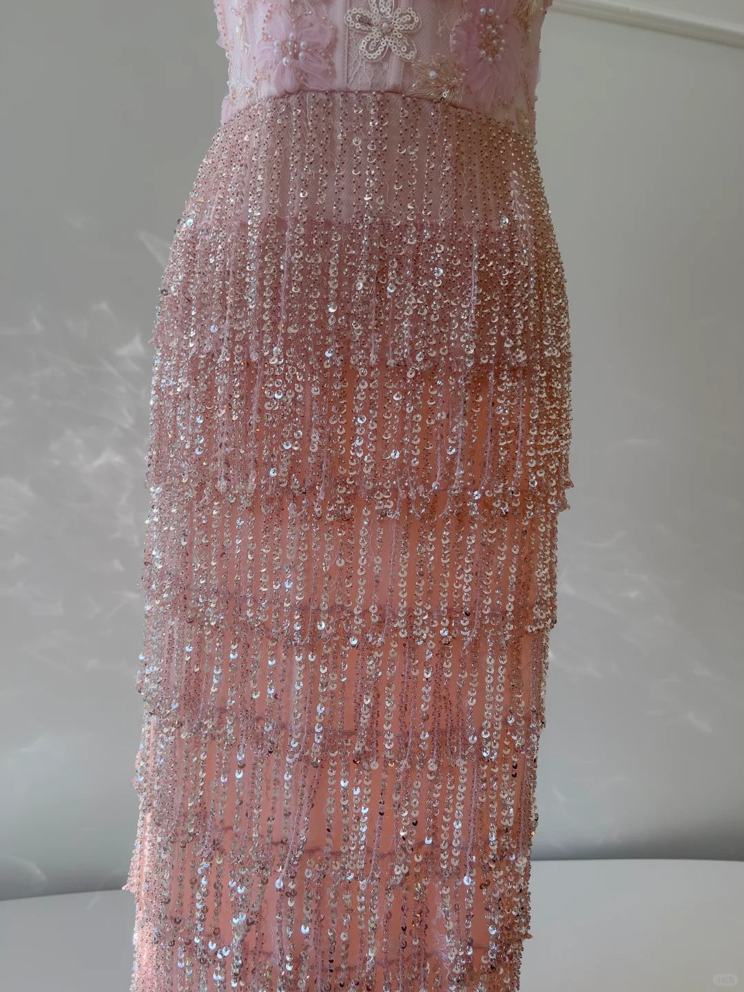 Gorgeous Pink Slim Square Neck 3D Flower Sequin Tassel Long Prom Dresses Evening Dresses