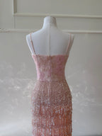 Gorgeous Pink Slim Square Neck 3D Flower Sequin Tassel Long Prom Dresses Evening Dresses