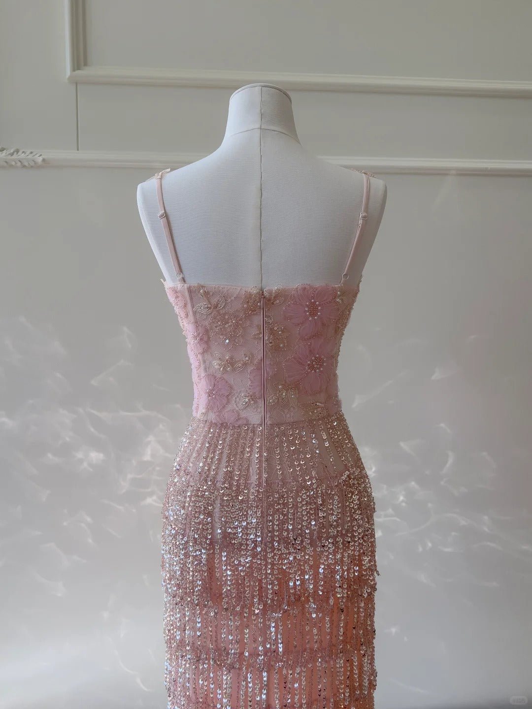 Gorgeous Pink Slim Square Neck 3D Flower Sequin Tassel Long Prom Dresses Evening Dresses