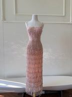 Gorgeous Pink Slim Square Neck 3D Flower Sequin Tassel Long Prom Dresses Evening Dresses