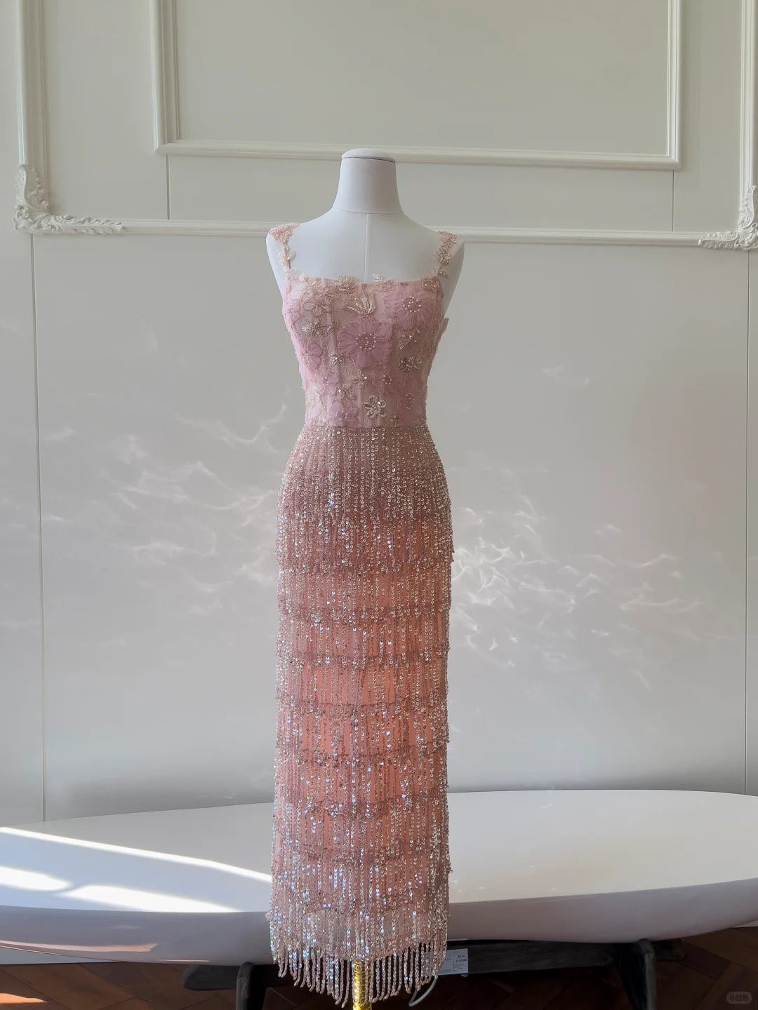 Gorgeous Pink Slim Square Neck 3D Flower Sequin Tassel Long Prom Dresses Evening Dresses
