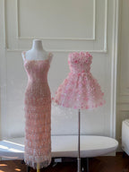 Gorgeous Pink Slim Square Neck 3D Flower Sequin Tassel Long Prom Dresses Evening Dresses