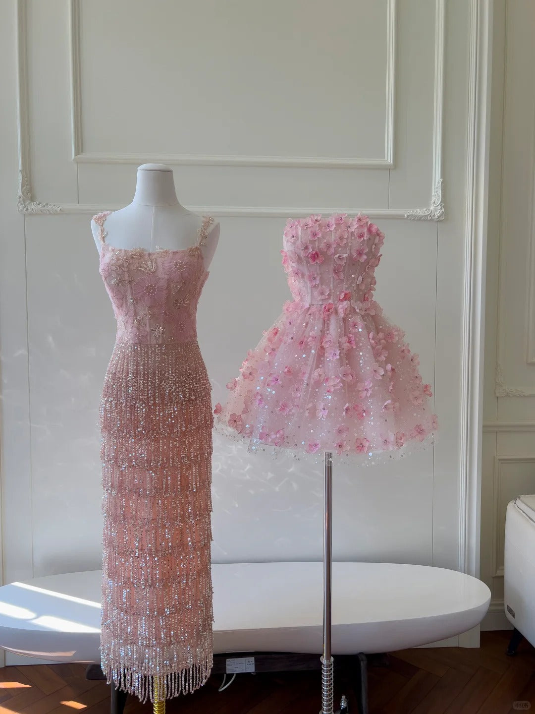 Gorgeous Pink Slim Square Neck 3D Flower Sequin Tassel Long Prom Dresses Evening Dresses