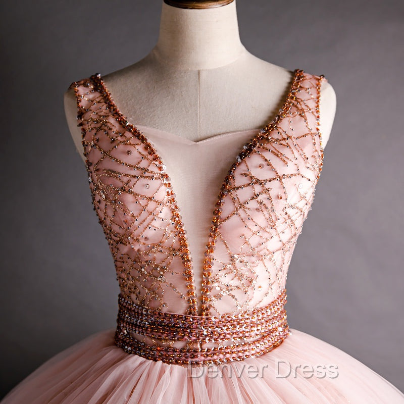 Gorgeous Pink V-neckline Beaded Ball Gown Formal Dresses, Pink Sweet 16 Dresses
