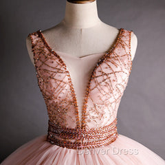 Gorgeous Pink V-neckline Beaded Ball Gown Formal Dresses, Pink Sweet 16 Dresses