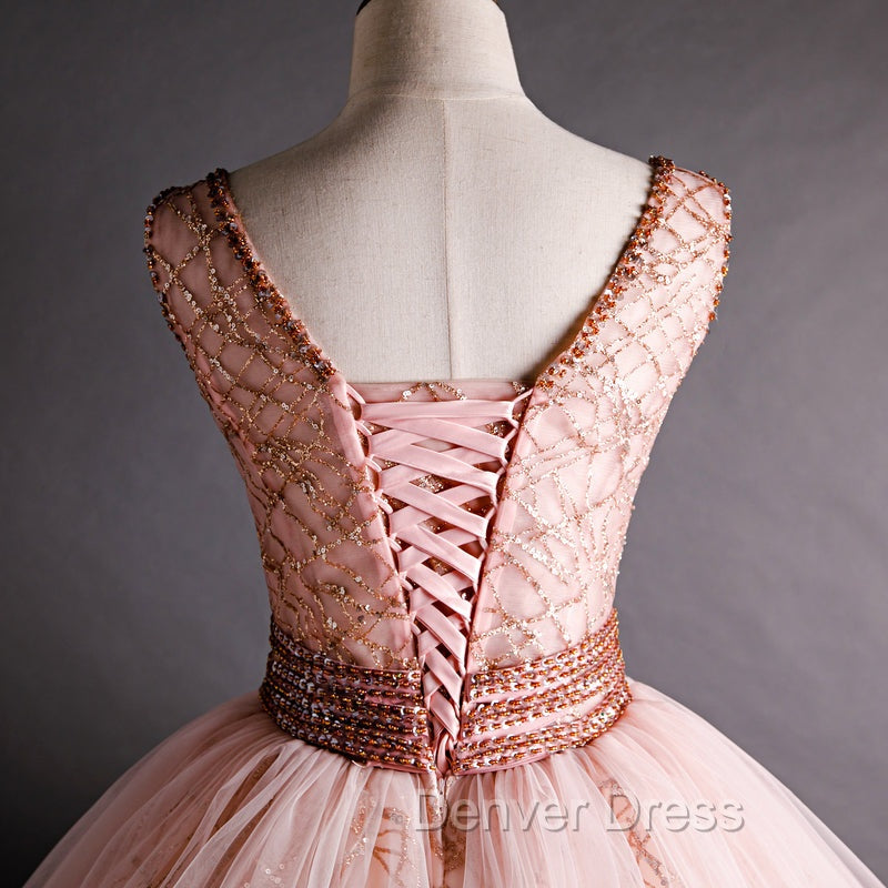 Gorgeous Pink V Neckline Beaded Ball Gowns Prom Dress, Pink Sweet 16 Dresses