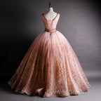 Gorgeous Pink V Neckline Beaded Ball Gowns Prom Dress, Pink Sweet 16 Dresses