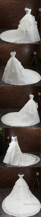 Gorgeous Princess Lace Appliques Beading Off Shoulder Ruffles Ball Gown Detachable Watteau Train Wedding Dress