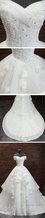 Gorgeous Princess Lace Appliques Beading Off Shoulder Ruffles Ball Gown Detachable Watteau Train Wedding Dress