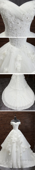 Gorgeous Princess Lace Appliques Beading Off Shoulder Ruffles Ball Gowns Detachable Watteau Train Wedding Dresses