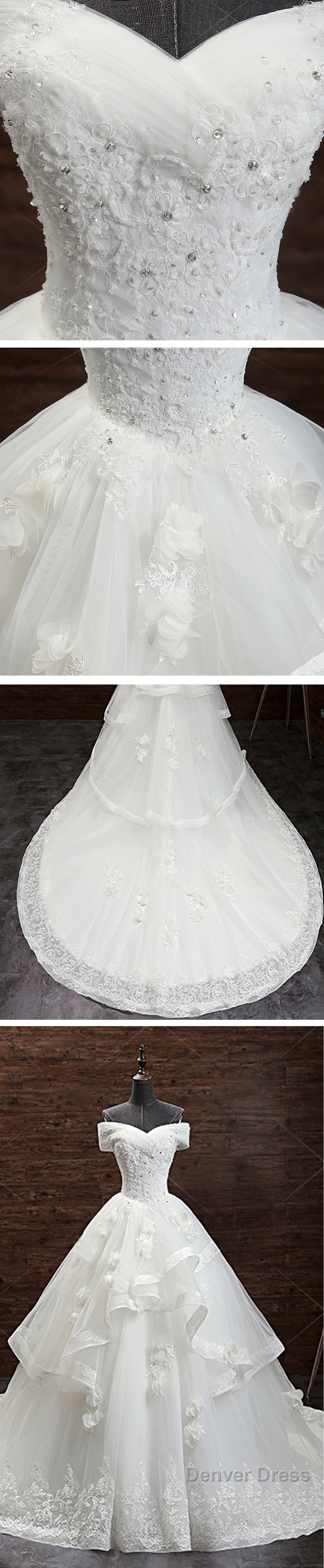 Gorgeous Princess Lace Appliques Beading Off Shoulder Ruffles Ball Gowns Detachable Watteau Train Wedding Dresses