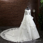 Gorgeous Princess Lace Appliques Beading Off Shoulder Ruffles Ball Gowns Detachable Watteau Train Wedding Dresses
