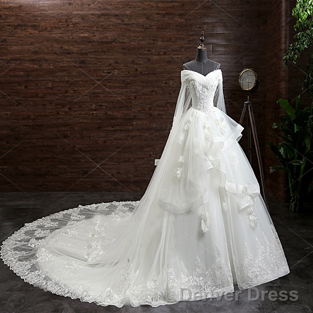 Gorgeous Princess Lace Appliques Beading Off Shoulder Ruffles Ball Gowns Detachable Watteau Train Wedding Dresses
