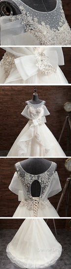 Gorgeous Princess Lace Appliques Beading Yarn Back Unique Sleeve Pretty Bow Ruffles Ball Gown Wedding Dresses