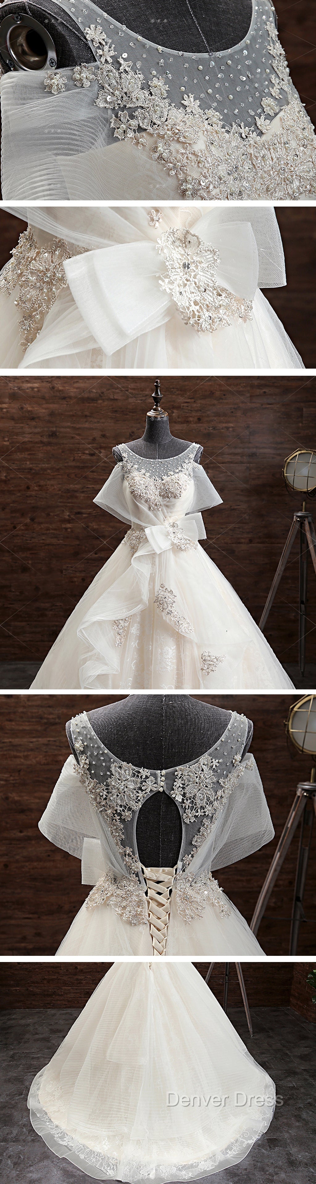 Gorgeous Princess Lace Appliques Beading Yarn Back Unique Sleeve Pretty Bow Ruffles Ball Gown Wedding Dresses