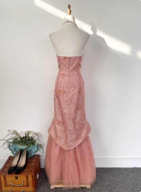 Gorgeous Princess Pink Mermaid Sweetheart Neck Embroidered Floral Satin Tulle Long Prom Dresses Evening Dresses