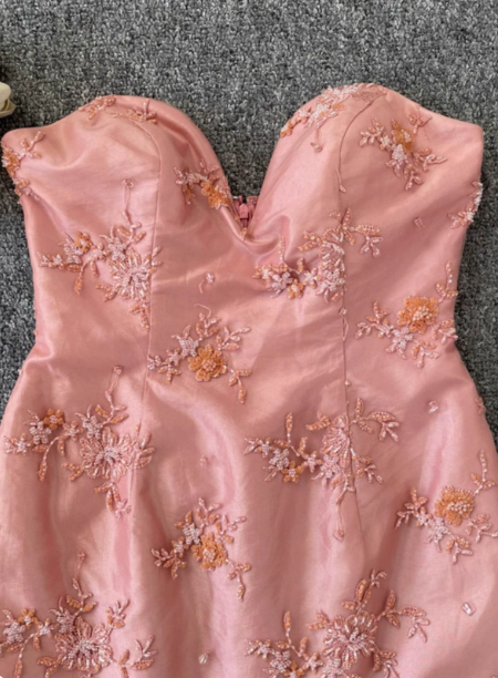 Gorgeous Princess Pink Mermaid Sweetheart Neck Embroidered Floral Satin Tulle Long Prom Dresses Evening Dresses