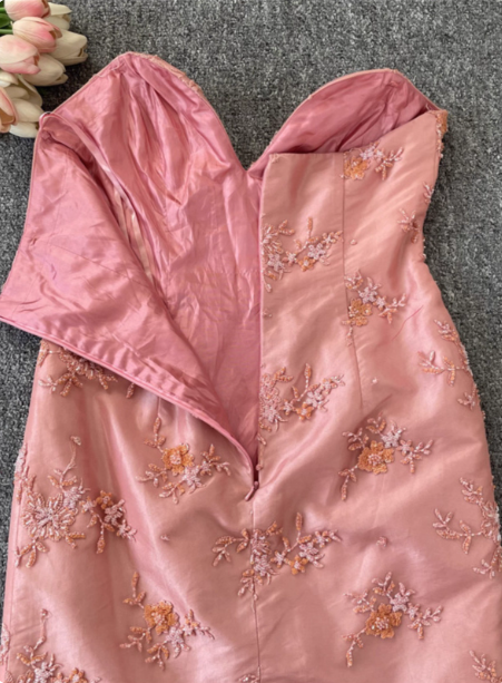 Gorgeous Princess Pink Mermaid Sweetheart Neck Embroidered Floral Satin Tulle Long Prom Dresses Evening Dresses