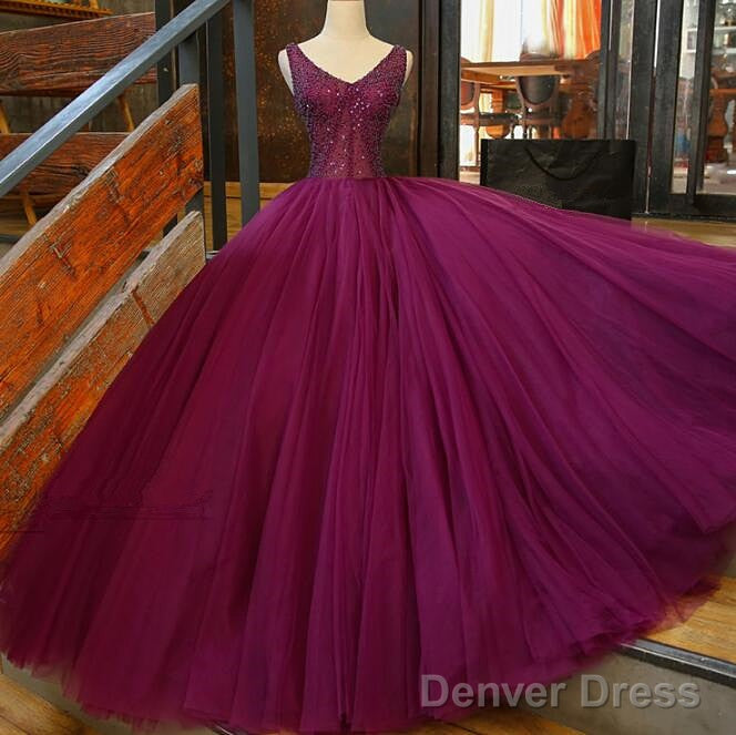 Gorgeous Purple Beaded V Neckline Prom Gowns, Sweet 16 Dresses Secondary image