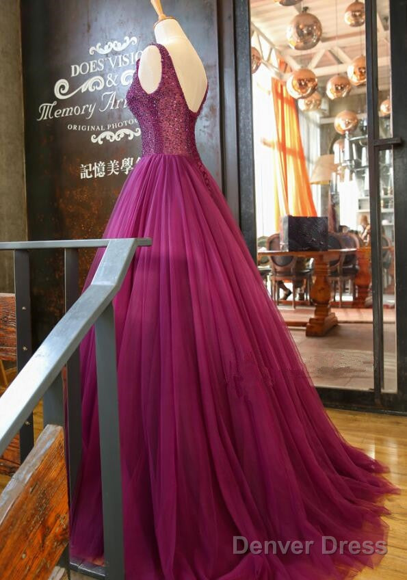Gorgeous Purple Beaded V Neckline Prom Gowns, Sweet 16 Dresses
